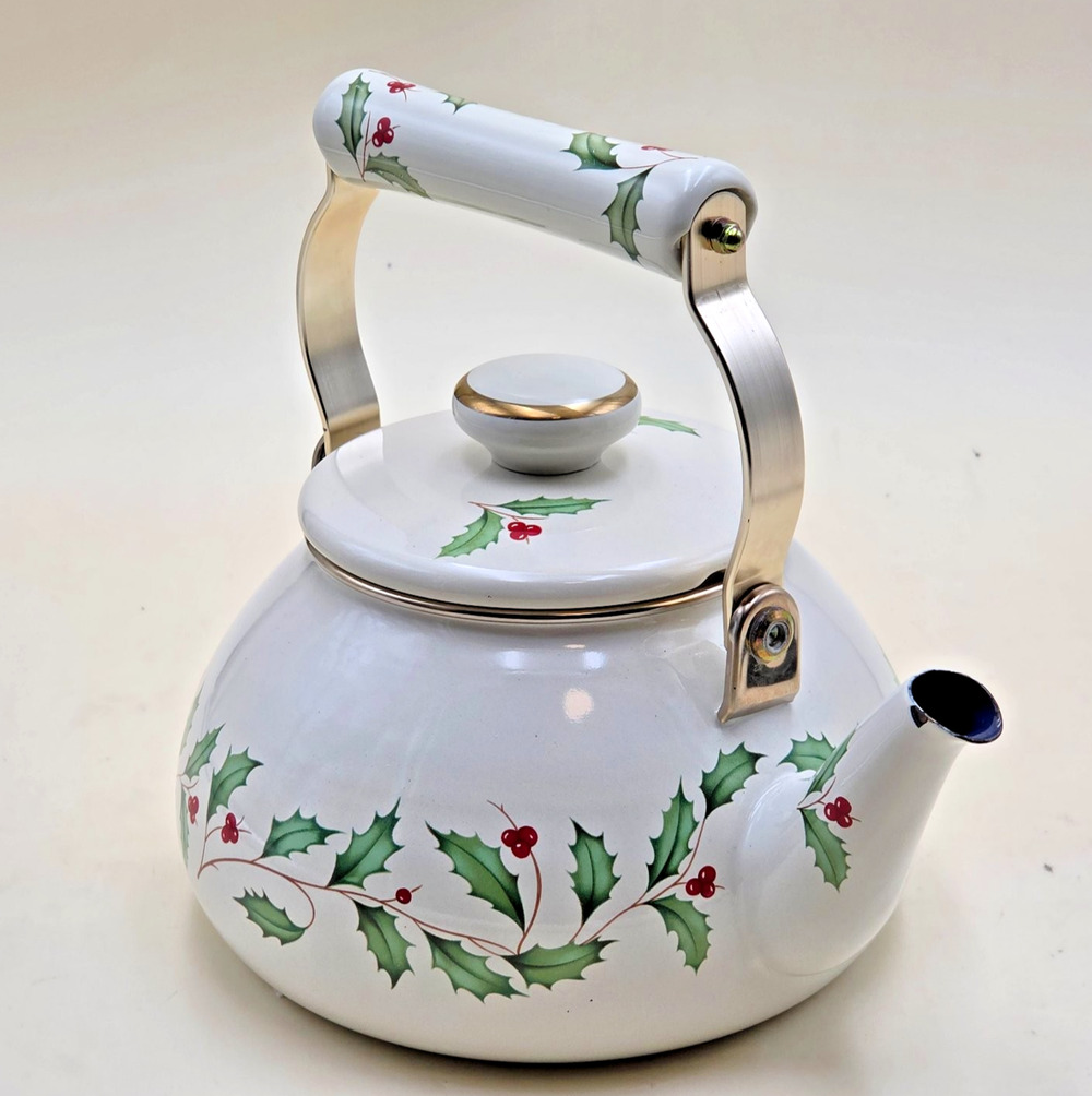 Lenox Holiday Holly Berry White Enamel Tea Kettle Stovetop Teapot w Lid 8.5 VTG